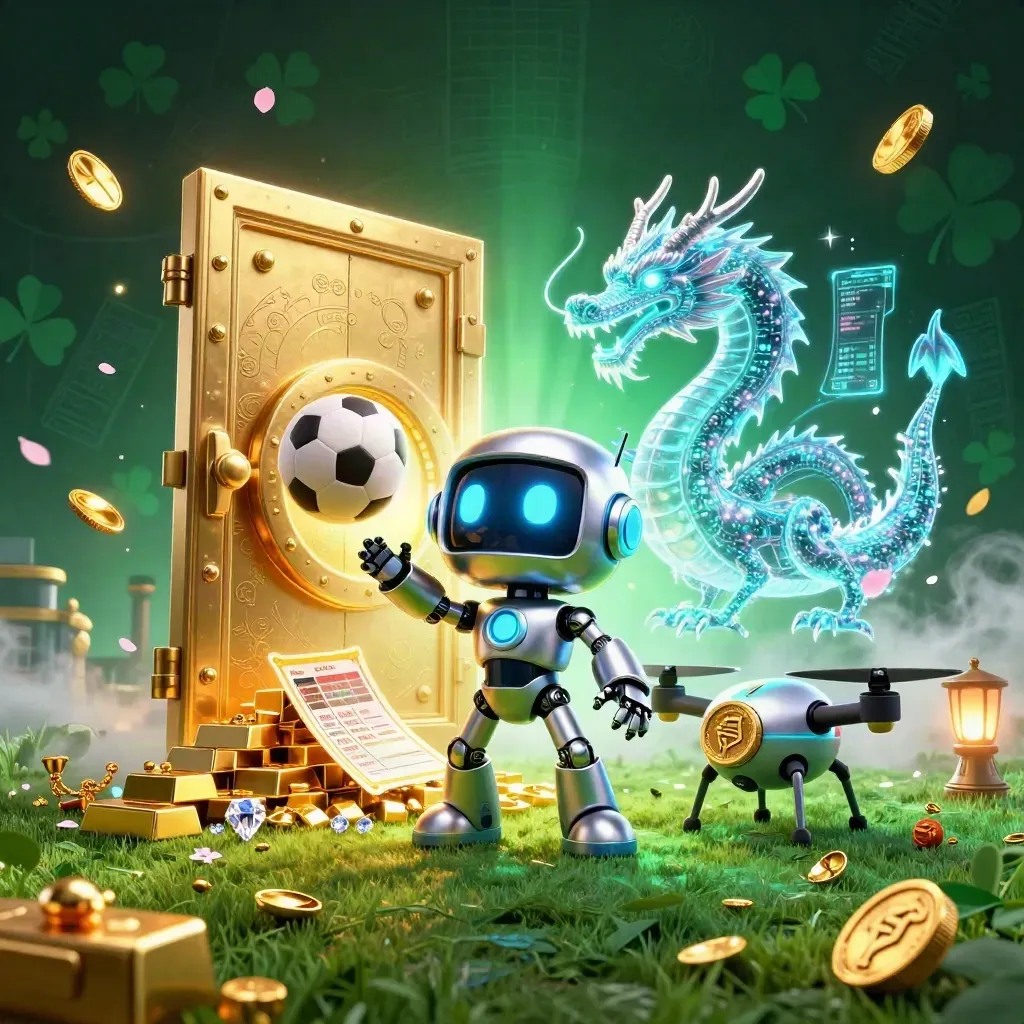 Cyberpunk robot, hologram dragon and drone amid flying balls, gold vault, gems and casino light.