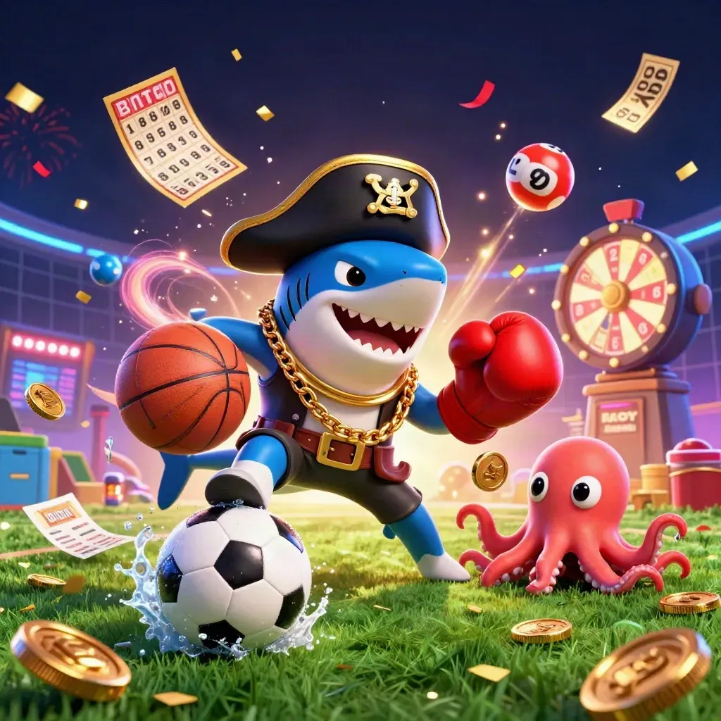 Pirate shark, pufferfish, and octopus amid casino sports energy, balls, coins, confetti.