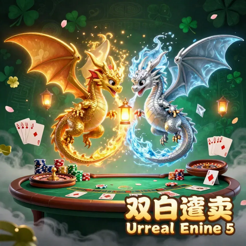 Twin gold and silver dragons spiral with cards, chips, and a glowing lantern spirit in a dark emerald casino scene.