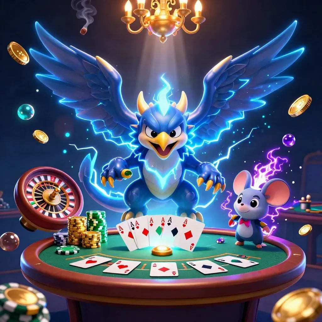 Thunder dragon, wind hawk and static mouse at a neon casino table with chips and spinning wheel