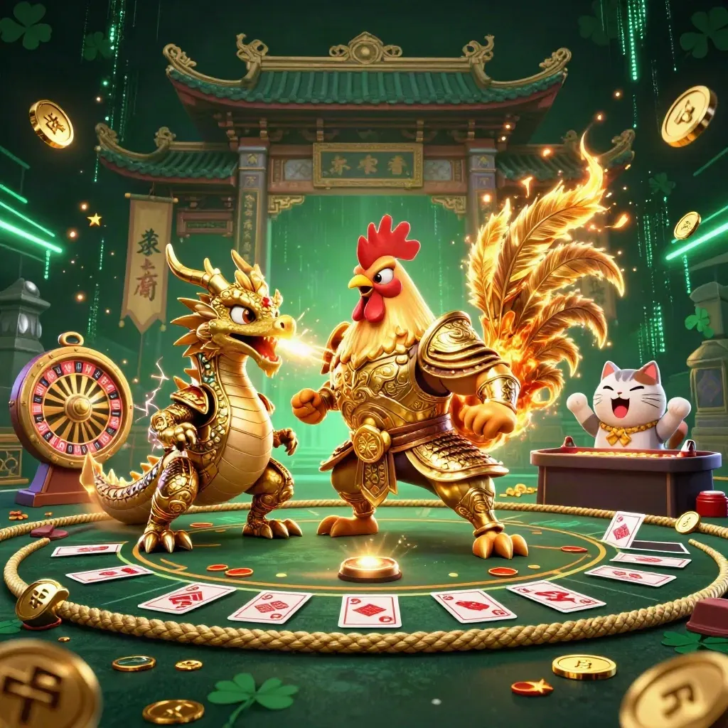Rooster samurai, spark-breathing dragon hatchling and cheering fortune cat in a casino arena.