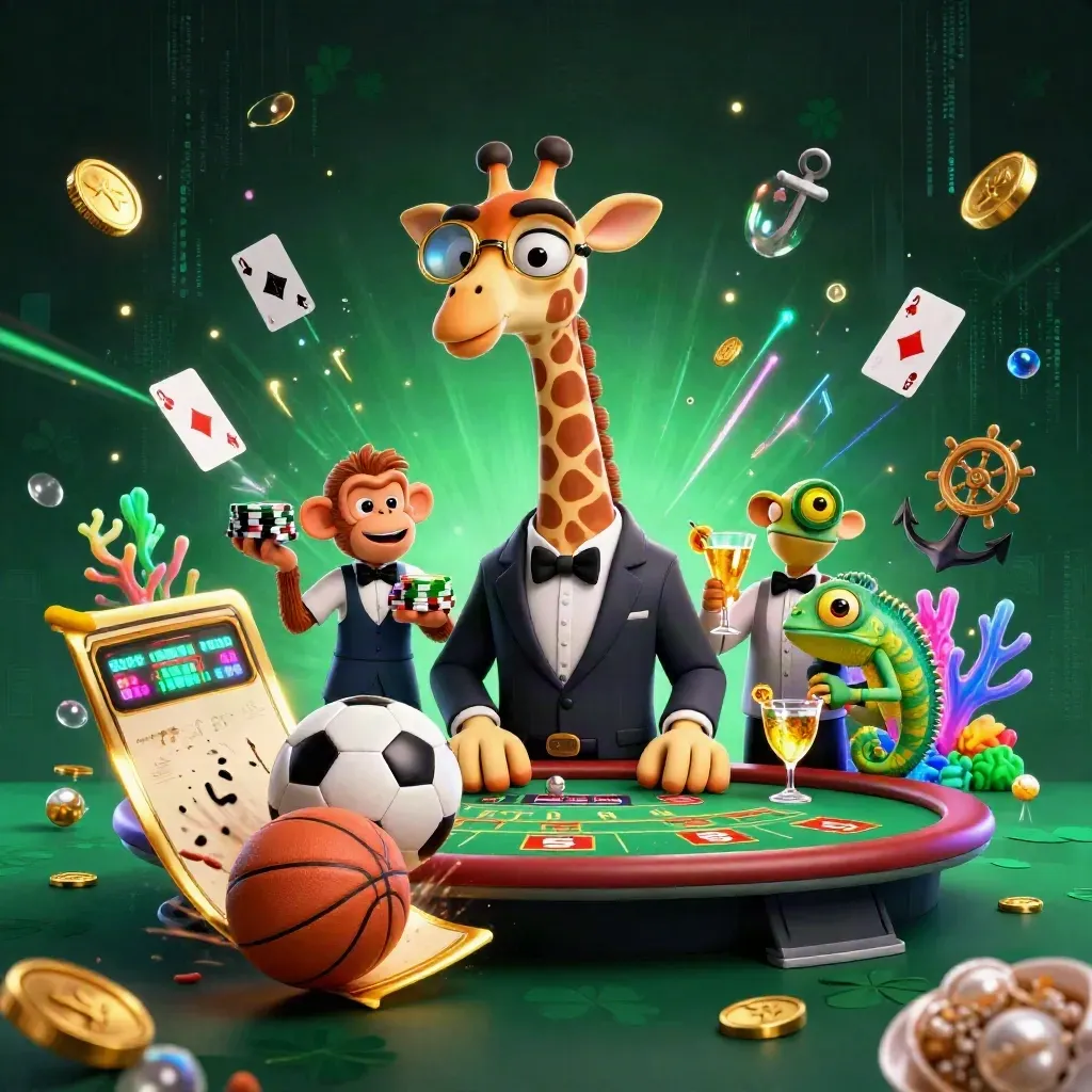 Luxe casino animals with sports balls, coins, coral and electric neon effects.