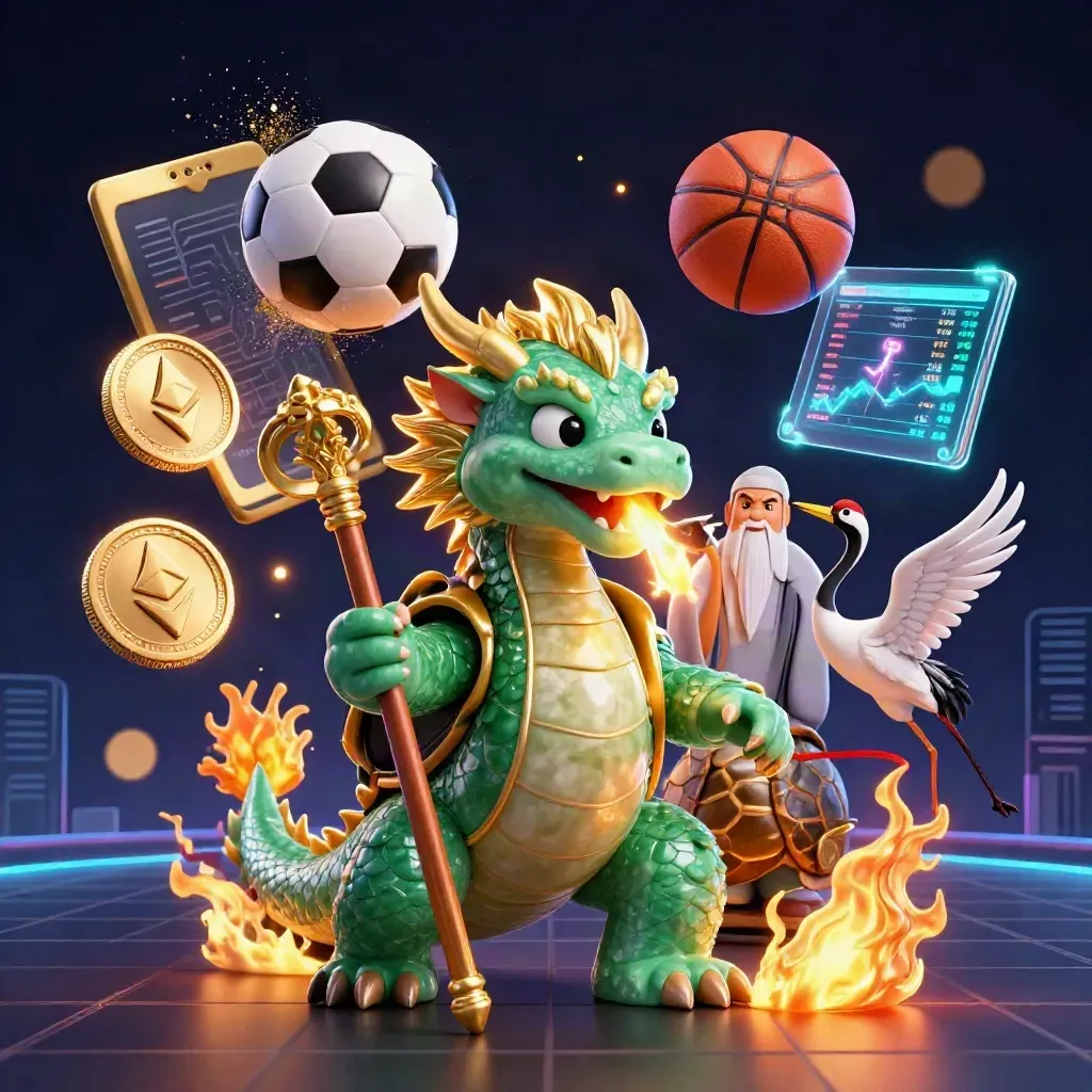 Emerald dragon, turtle sage and cranes explode in neon sports-casino energy with balls and gold light.