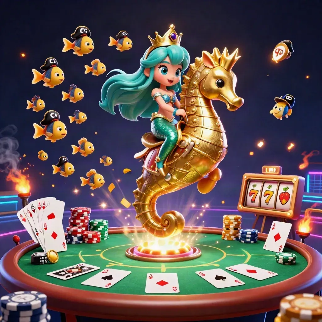 Mermaid princess on armored seahorse with pirate fish, casino chips, cards and glowing treasure