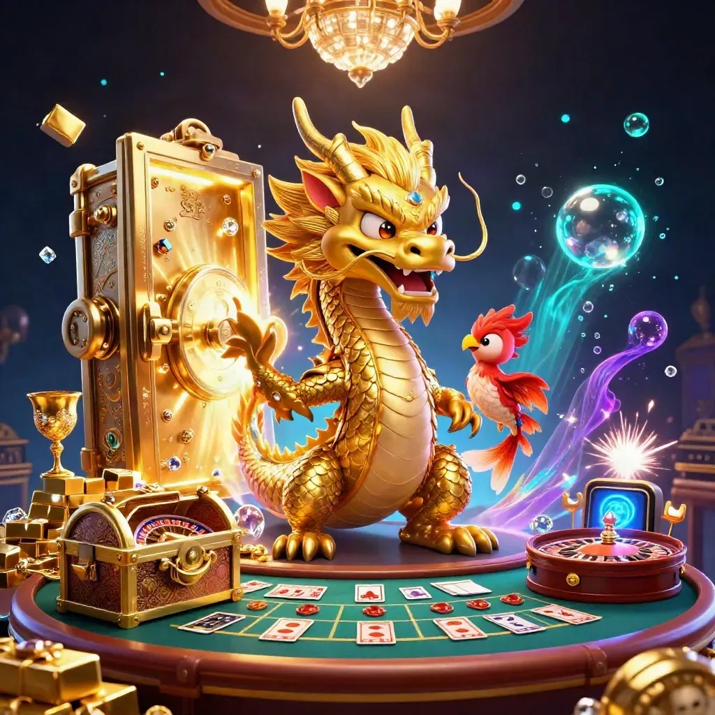 Golden dragon, phoenix, and koi in a luxury casino scene with vault, gems, and glowing light.