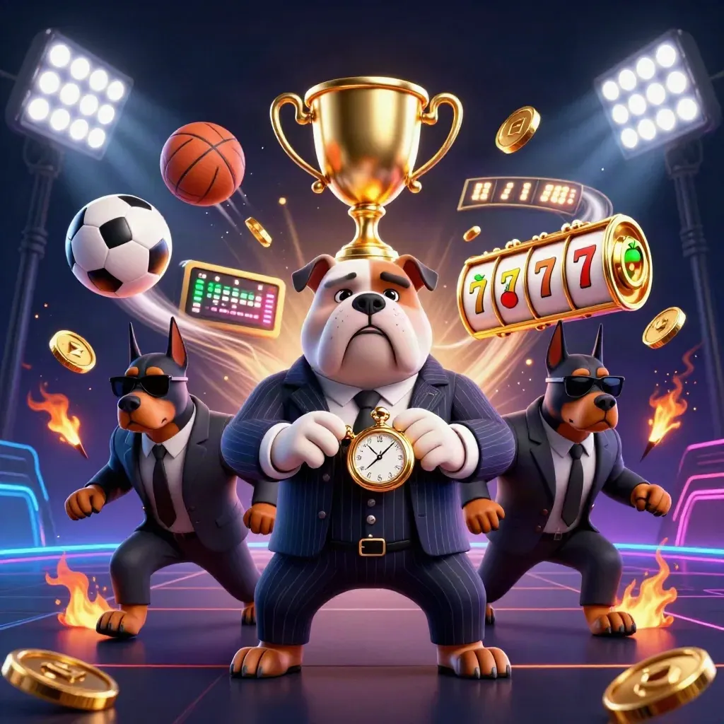 Bulldog mob boss with Dobermans amid sports balls, trophy, coins and neon casino chaos.