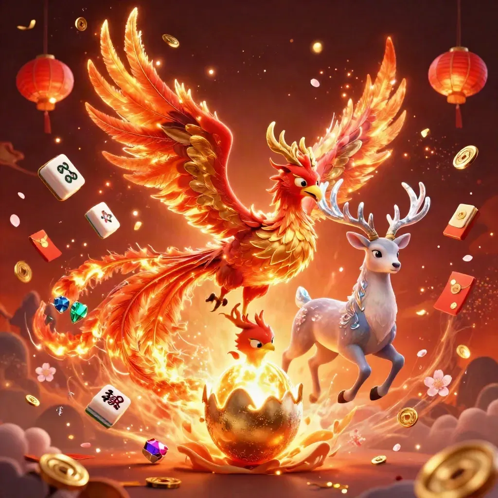 Fire phoenix, baby phoenix and crystal stag amid lanterns, coins, petals and embers
