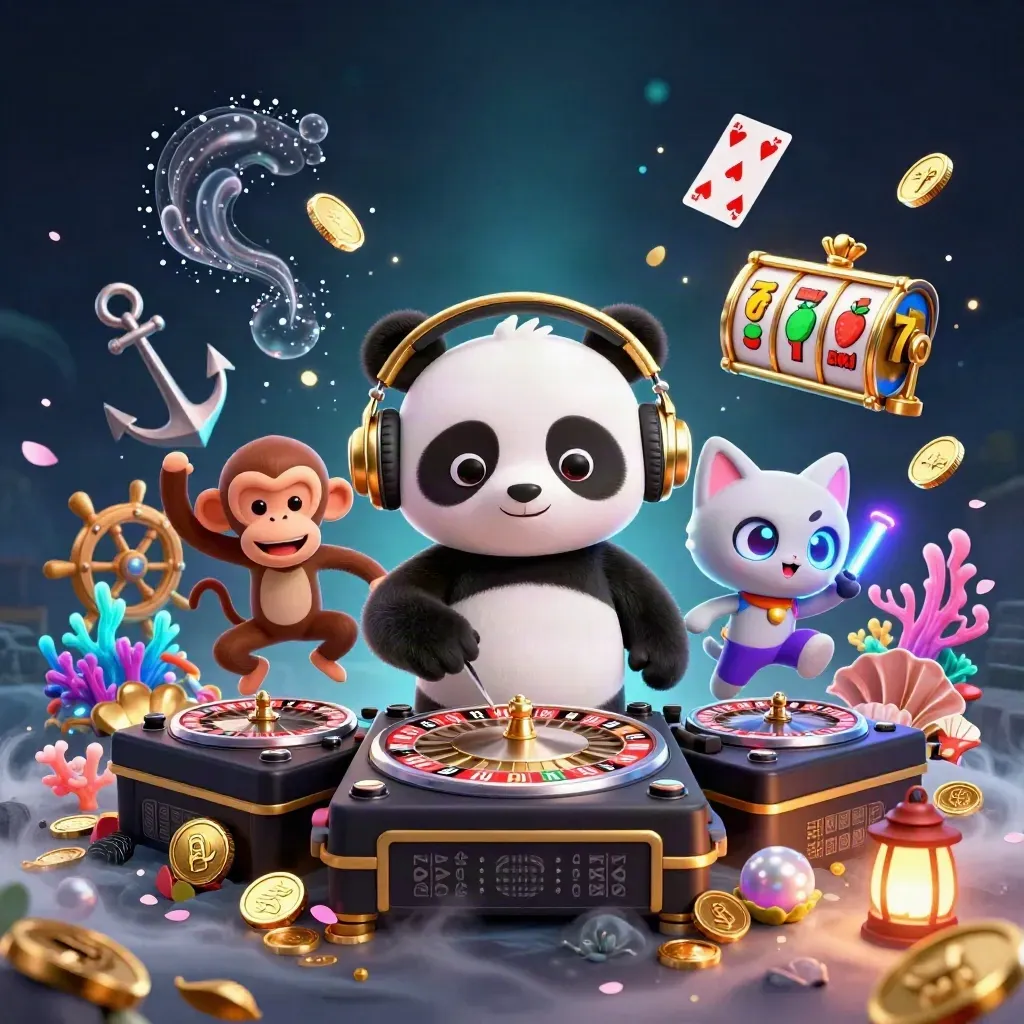Panda DJ, monkey, and kitten in a neon treasure-cove casino splash scene.