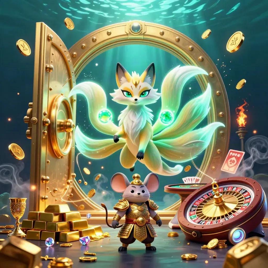 Nine-tailed fox spirit and armored mouse burst from a glowing vault amid coins and casino sparks