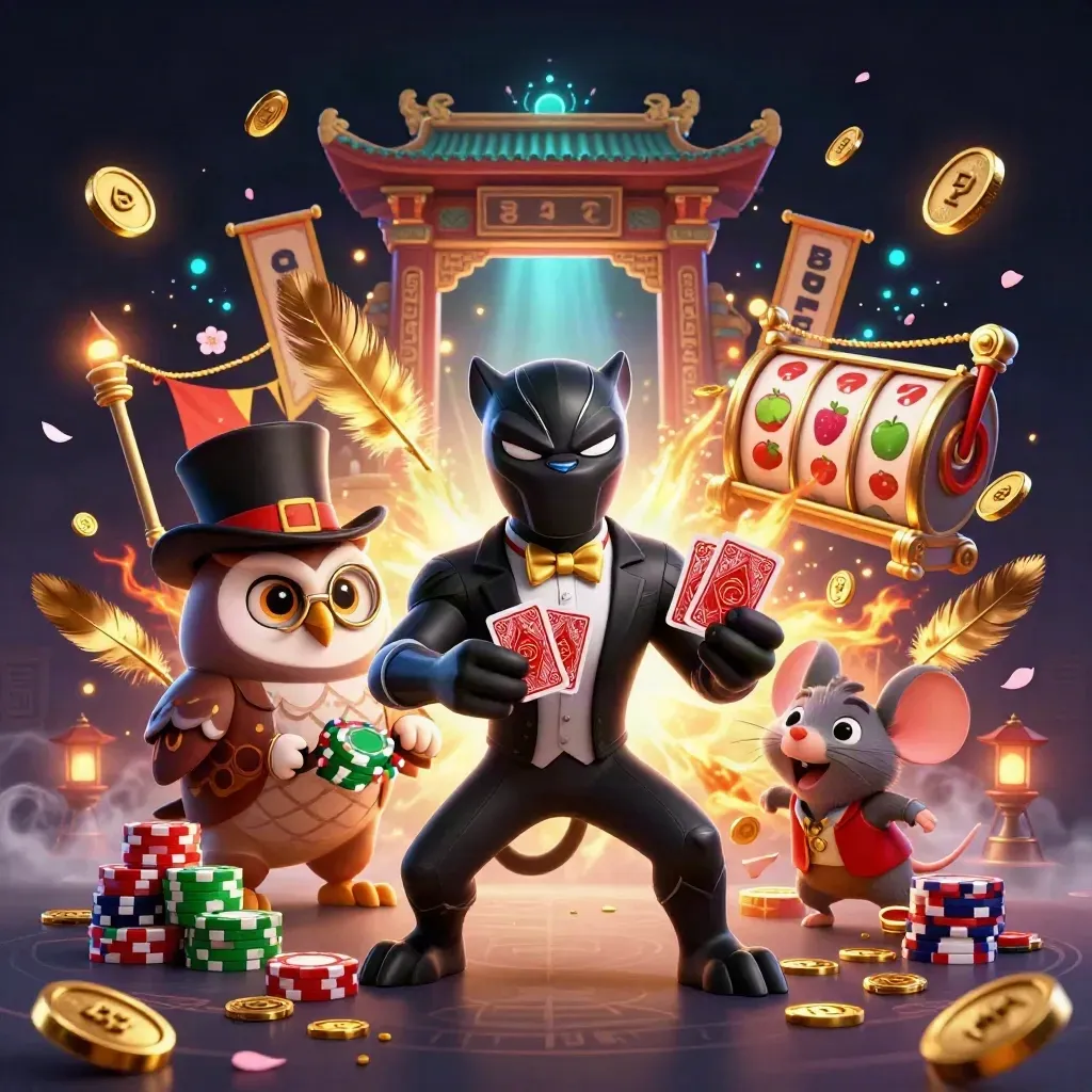 Panther dealer, owl chip master, and mouse mascot in a luxe casino burst of gold and magic.