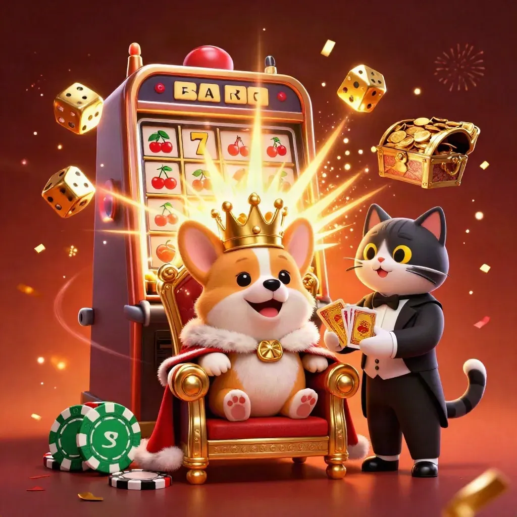 Royal corgi and cat butler amid exploding jackpot symbols, gold, embers, and casino magic.