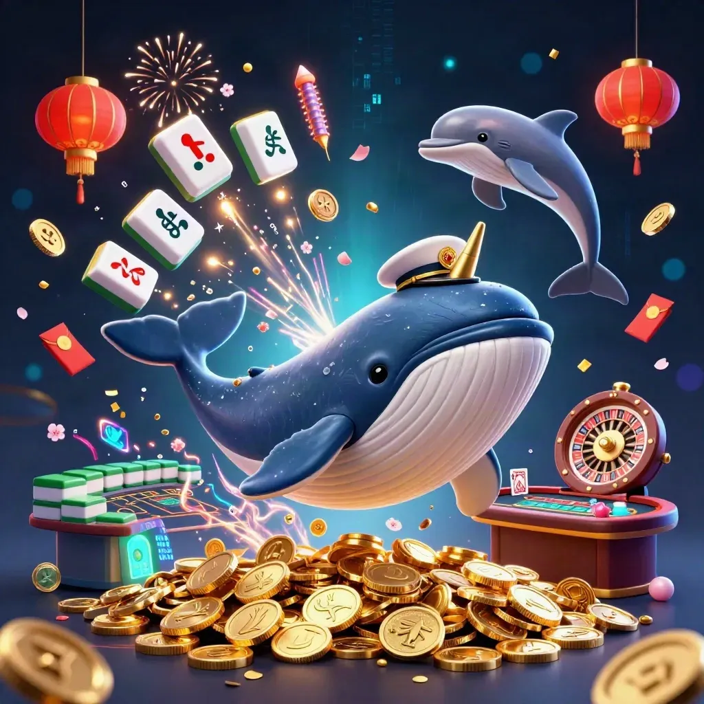 Whale captain, narwhal, and dolphins burst through gold coins with casino props and fireworks.