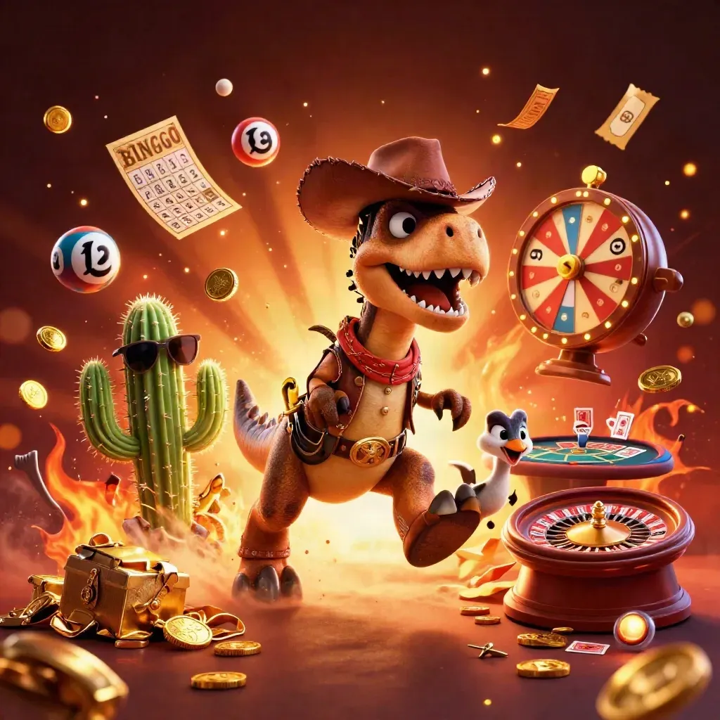Cowboy T-Rex, cactus sidekick, and roadrunner amid casino treasure bursts and glowing game props.