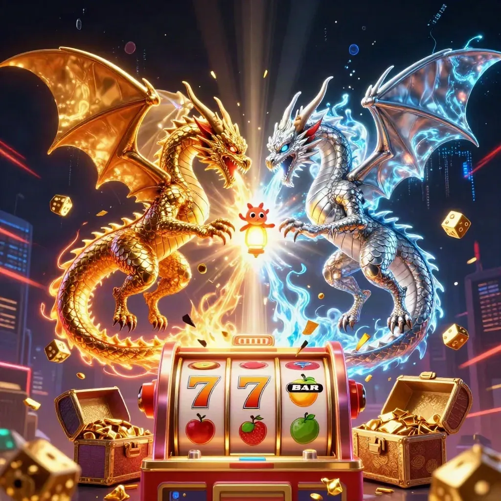 Twin gold and silver dragons spiral around a bursting slot machine and treasure chest.