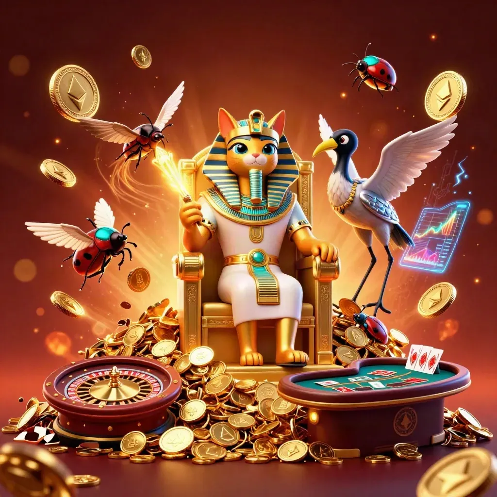 Pharaoh cat, ibis scribe and gem scarabs amid coins, roulette wheel and fiery casino glow