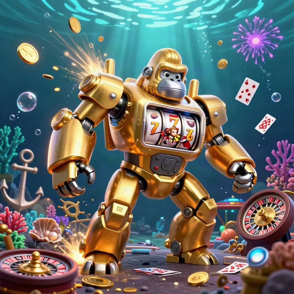 Golden gorilla mech with monkey pilot in a glowing underwater treasure cove, coins, coral, cards, and casino icons