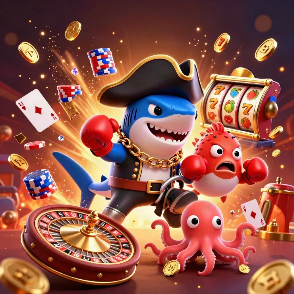 Pirate shark, boxing pufferfish, and juggling octopus amid casino reels and gold coins.