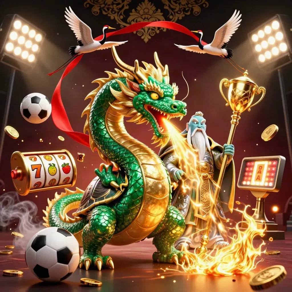 Emerald dragon, turtle sage, and cranes amid casino icons in dark luxury gold light.