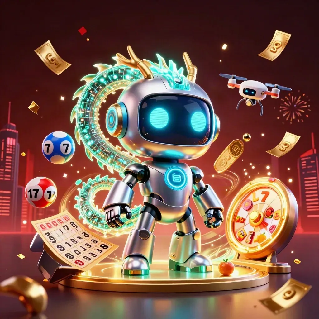 Chrome robot, holographic dragon and coin drone amid casino symbols and gold confetti.