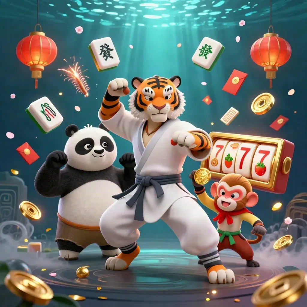 Tiger master, panda disciple, and monkey student amid casino symbols in dark teal fantasy glow.