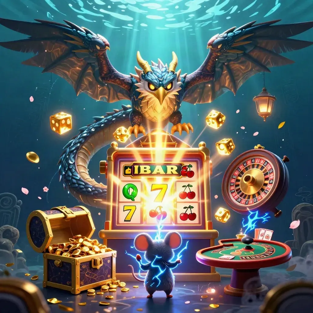 Thunder dragon, wind hawk and static mouse amid slot reels, dice and gold on a dark neon casino backdrop