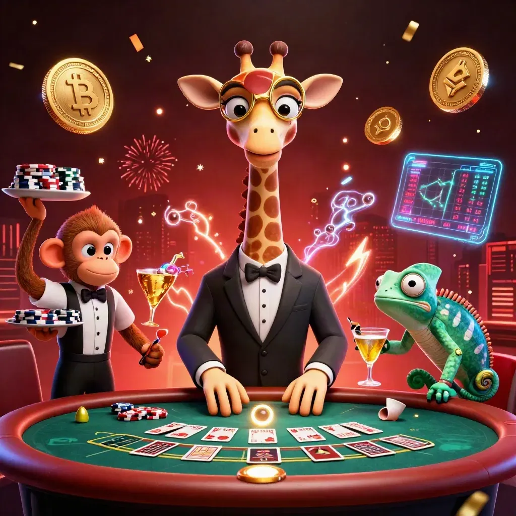 Giraffe, monkey, and chameleon at a glowing casino table with coins and neon effects.