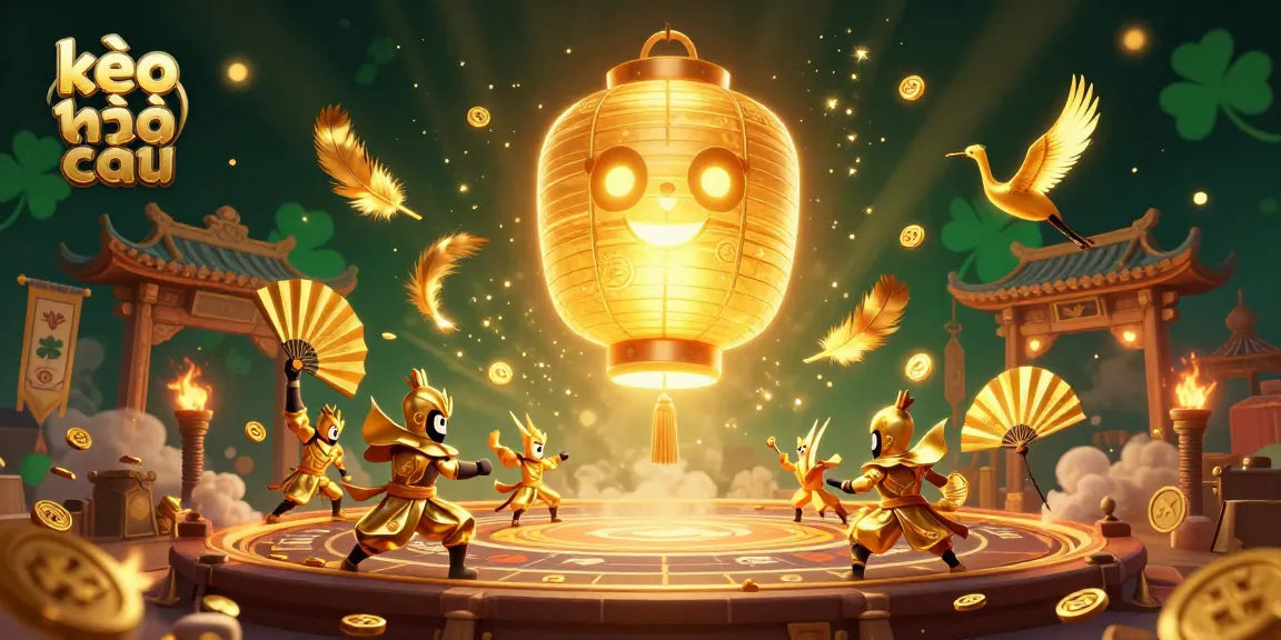 Engage in thrilling kèo nhà cái with a vibrant 3D scene of lucky symbols, golden lanterns, and betting excitement.