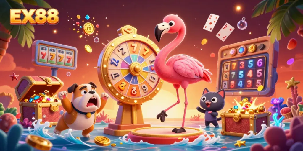 Spin the giant prize wheel with EX88's dynamic casino scene full of color and excitement.