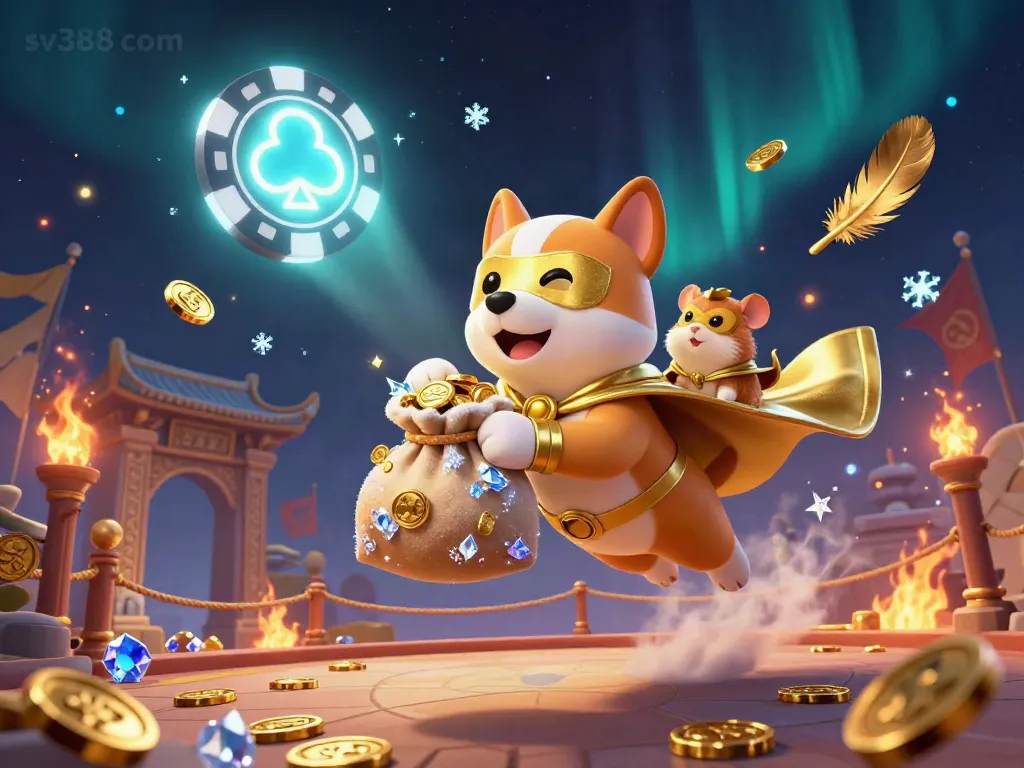 Engage with sv388 com through vibrant visuals depicting a superhero dog and hamster in a dynamic gambling scene.