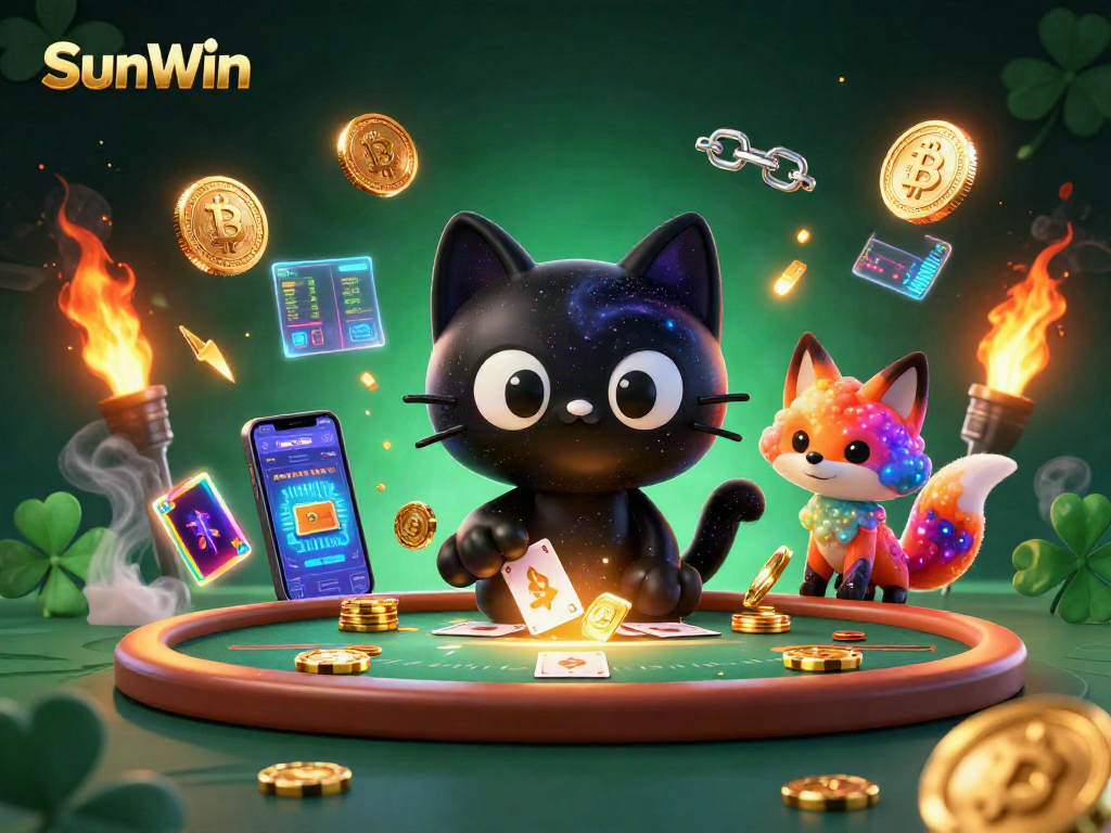 Engage with SunWin’s cosmic gaming experience at a vibrant casino table filled with crypto elements.