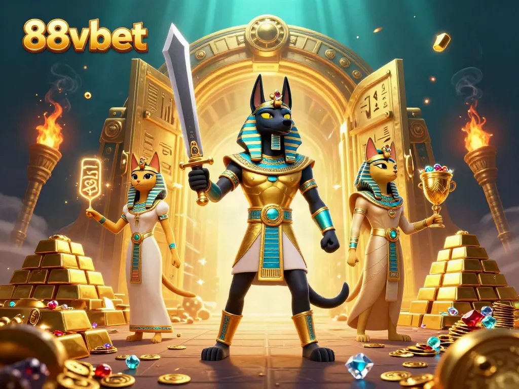 Play thrilling casino games with 88vbet's exciting treasures and characters in a dynamic scene.