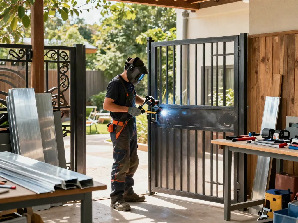 Skilled craftsman from Al taher carepentry and aluminium building a custom metal gate in a sunlit workshop.