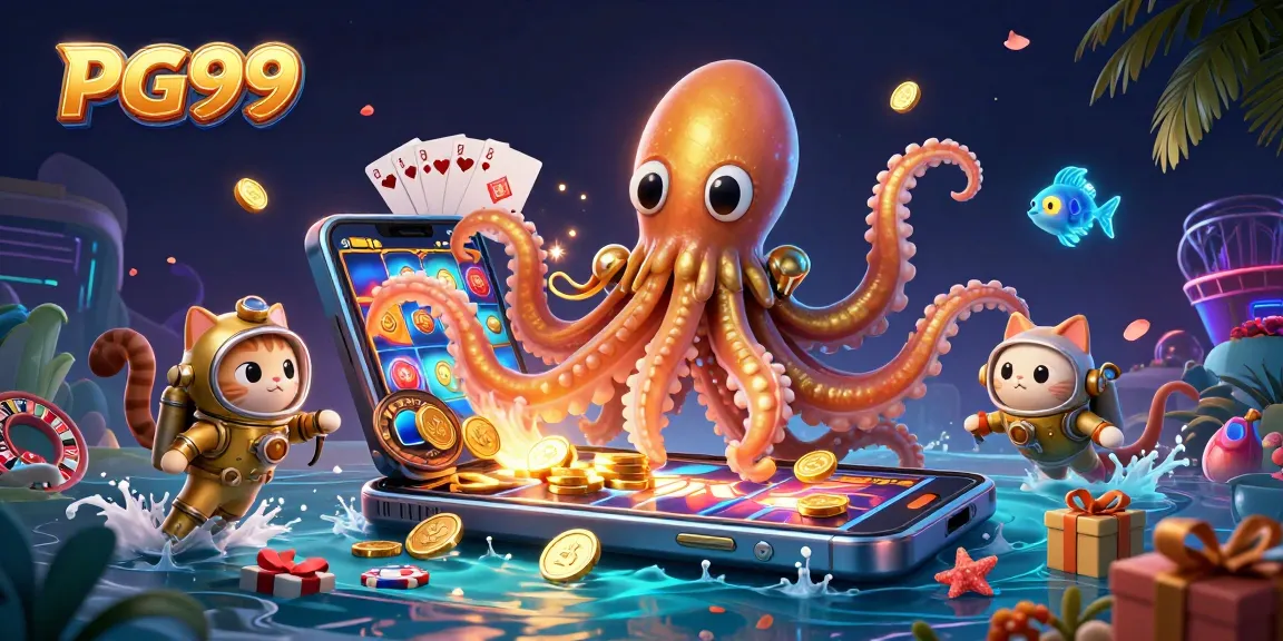 Play and win with PG99, featuring a kraken, diving cat, and vibrant casino elements.