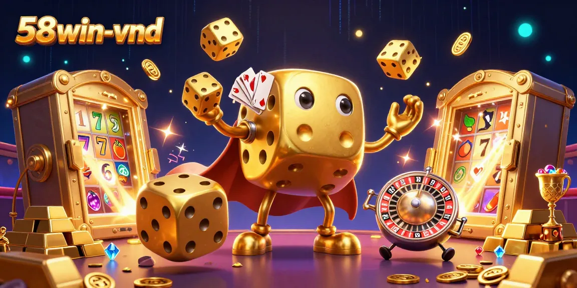 Engage with 58win-vnd's spectacular casino illustration featuring golden dice, slot reels, and treasure.