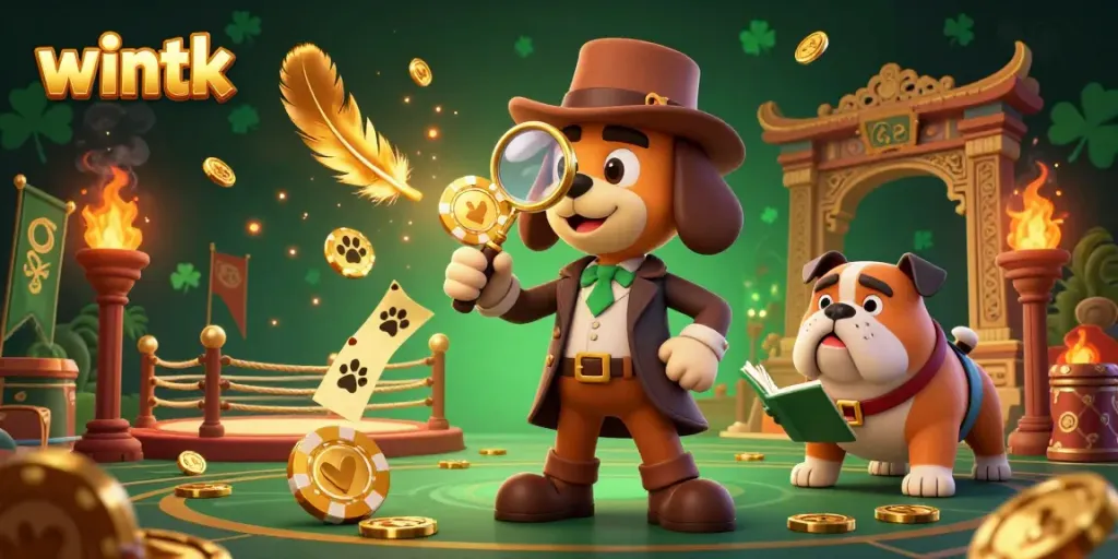 Examine a golden poker chip in a lively wintk casino scene with cartoon detective characters.