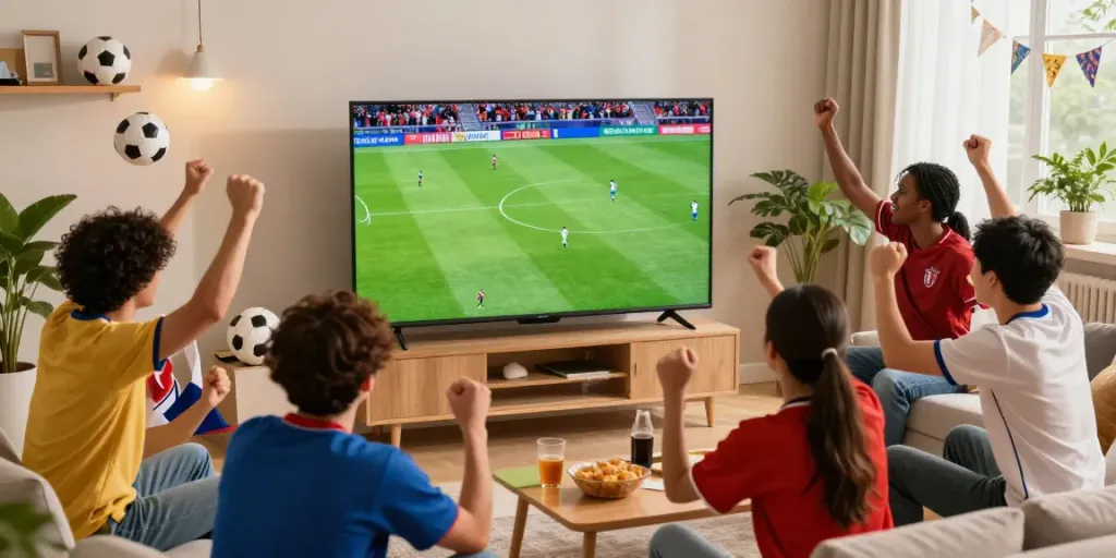 Passionate fans enjoying live soccer on Gavangtv in a vibrant home setting