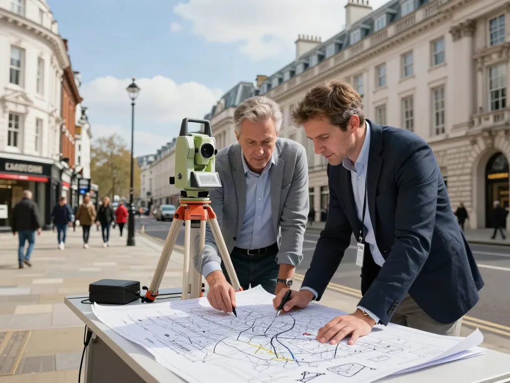 Professional team conducting a Topographical Survey London amidst iconic urban architecture.