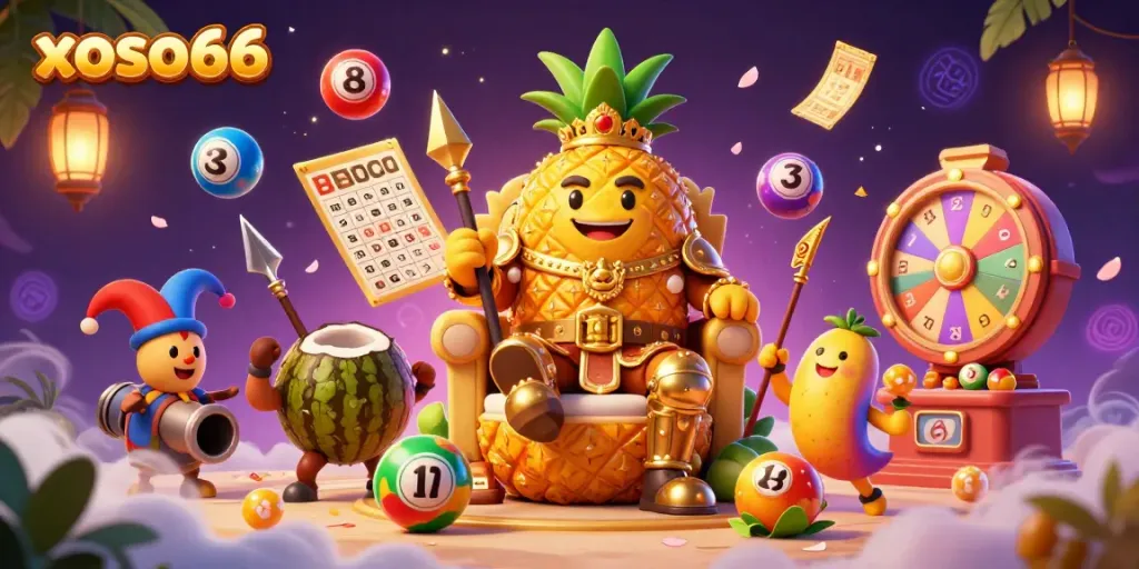 Experience the vibrant energy of xoso66 with the golden pineapple king in a dynamic beach casino scene.