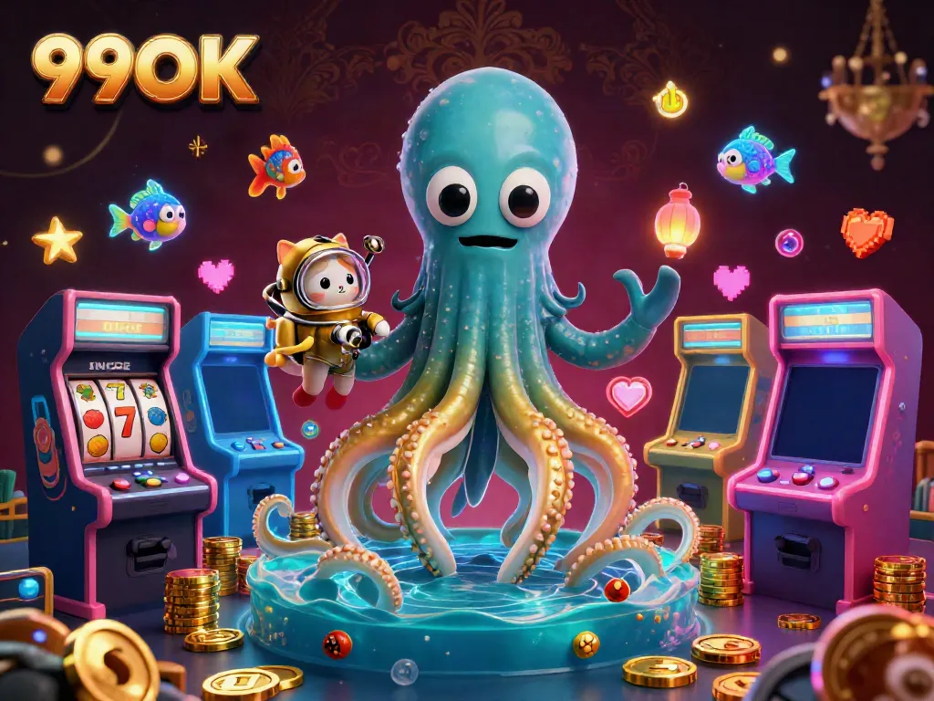 Experience the thrill of casino gaming with 99OK featuring a colossal kraken and a diving cat in a vibrant illustration.