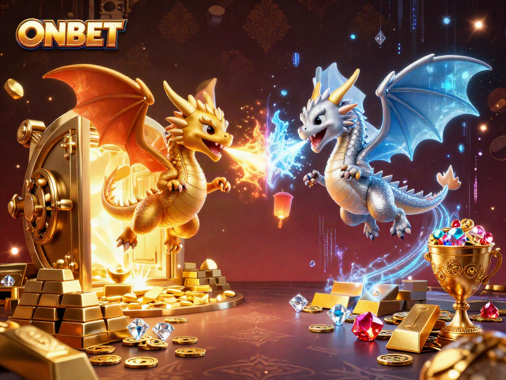 Experience the thrill of ONBET with fantastical golden and silver dragons amidst dazzling treasure.