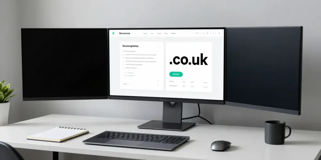 Buy .co.uk domain in a modern tech workspace with a sleek interface.