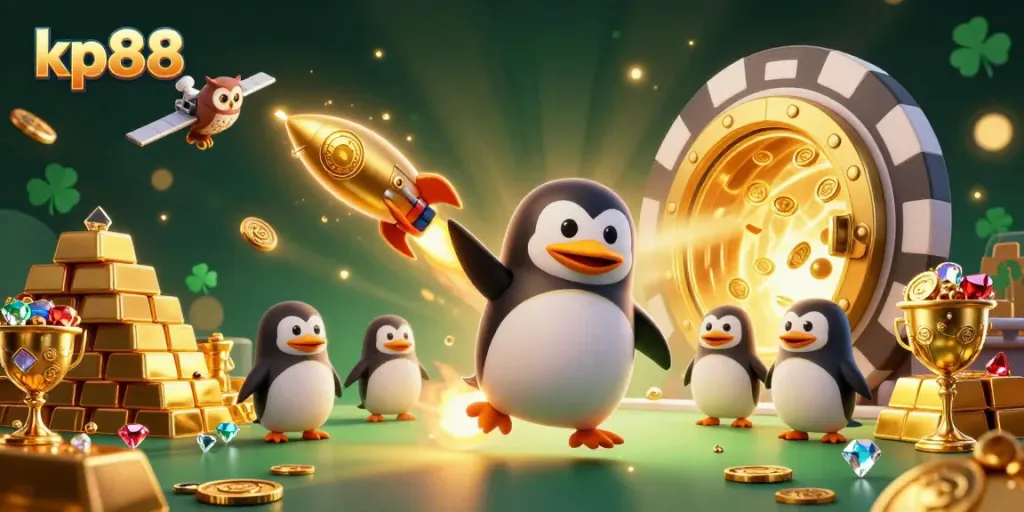 Experience the thrill of kp88 with a penguin flying towards a poker chip casino, surrounded by riches.