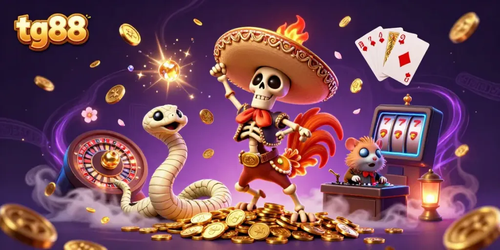 Experience winning with tg88 in this vibrant 3D casino scene featuring characters and golden coins.