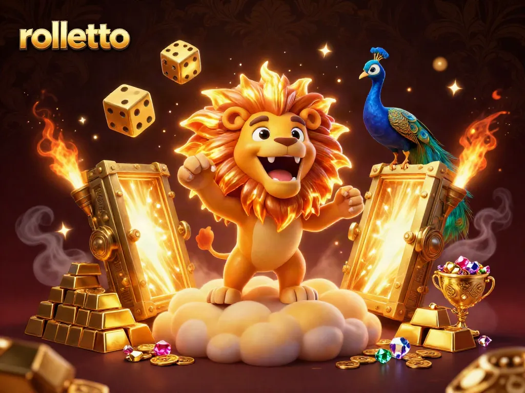 Rolletto casino illustration showcasing a vibrant 3D scene with a roaring lion and golden treasures.