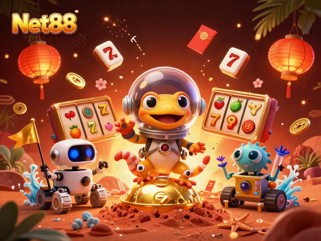 Experience thrilling bets at Net88 with this vibrant casino scene featuring a friendly Martian gecko.