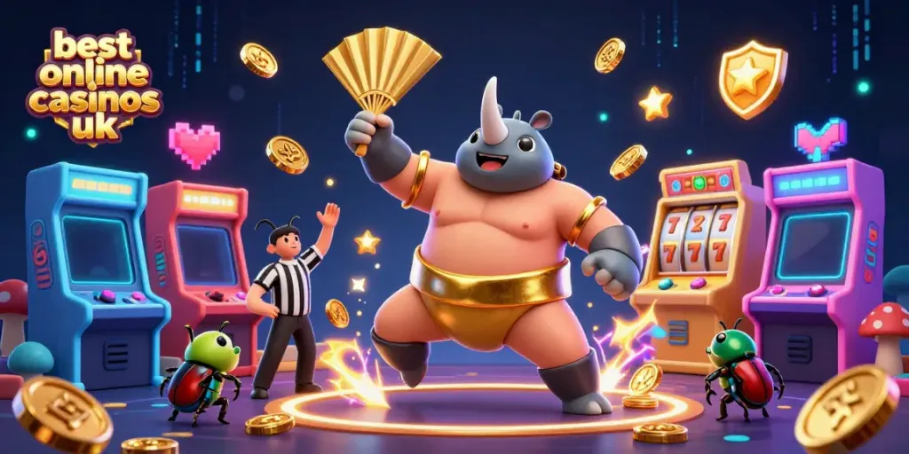 Experience the excitement of the best online casinos UK with a vibrant scene featuring a champion beetle and arcade elements.
