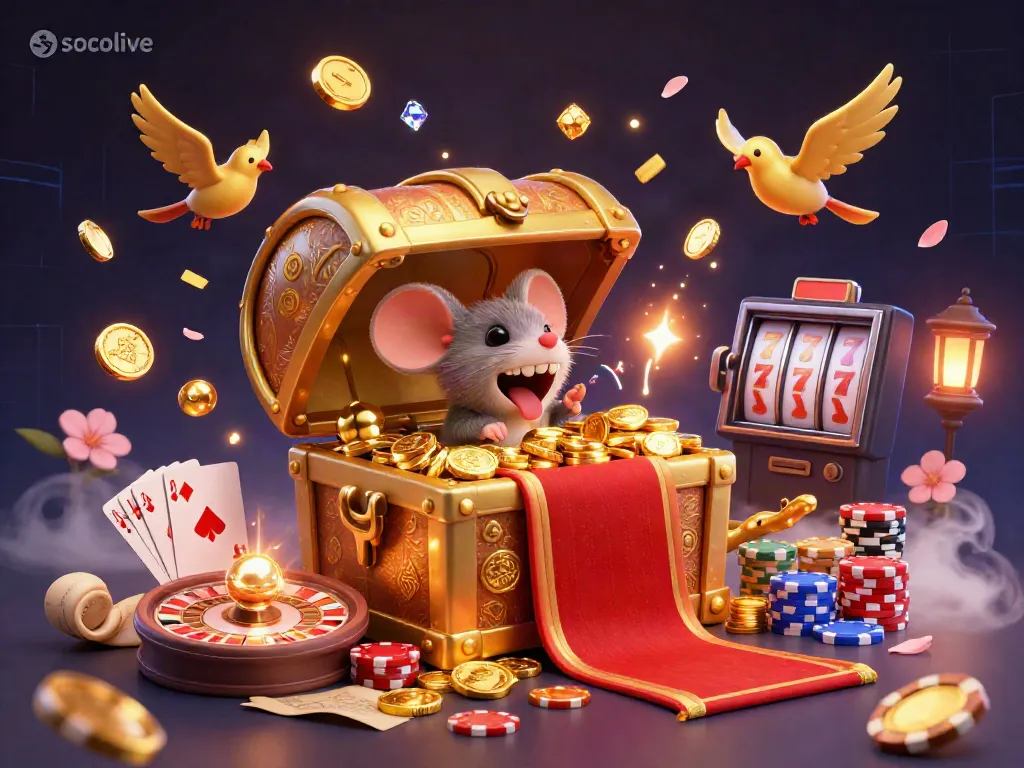 Experience socolive's enchanting treasure chest scene, filled with golden coins and riches.
