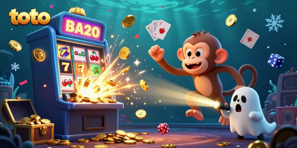Engaging scene with a mischievous poltergeist monkey juggling coins and a curious puppy exploring a haunted casino bursting with jackpots featuring toto.