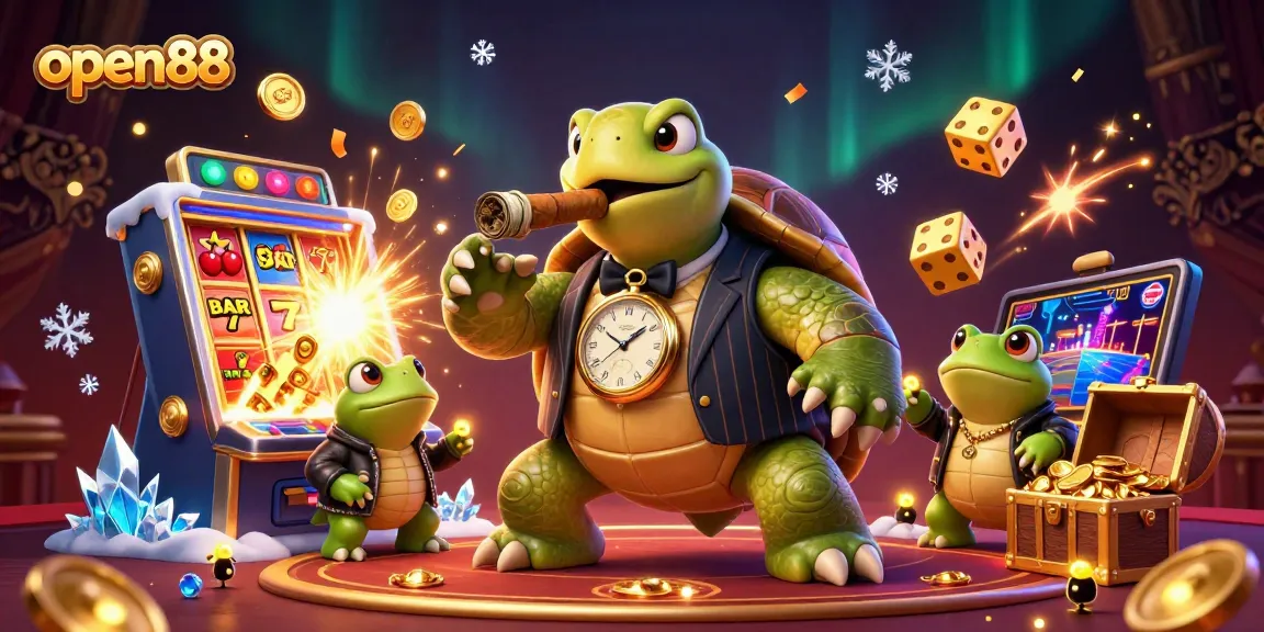 Experience open88's immersive casino action with a cartoon turtle mobster and frog enforcers.