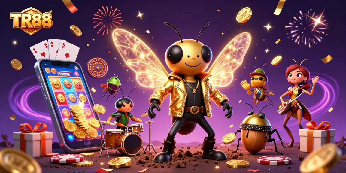 Engage with TR88 casino thrill featuring a rock star cicada, with dynamic elements of gaming excitement.